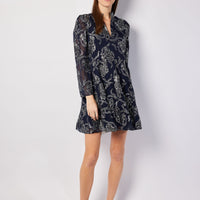 Navy Metallic Long Sleeve Tunic Flare Dress