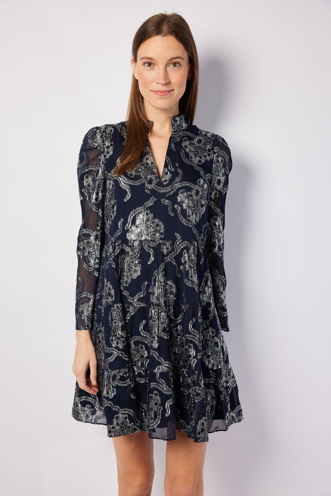 Navy Metallic Long Sleeve Tunic Flare Dress