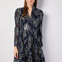 Navy Metallic Long Sleeve Tunic Flare Dress