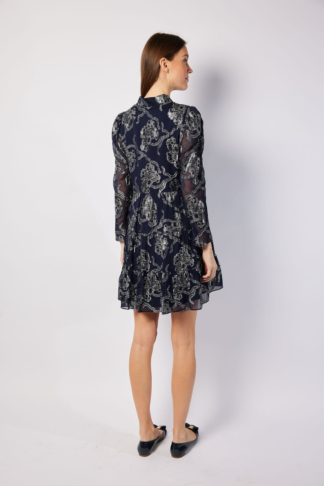 Navy Metallic Long Sleeve Tunic Flare Dress