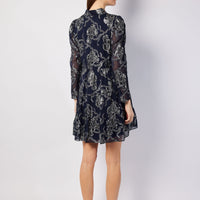 Navy Metallic Long Sleeve Tunic Flare Dress