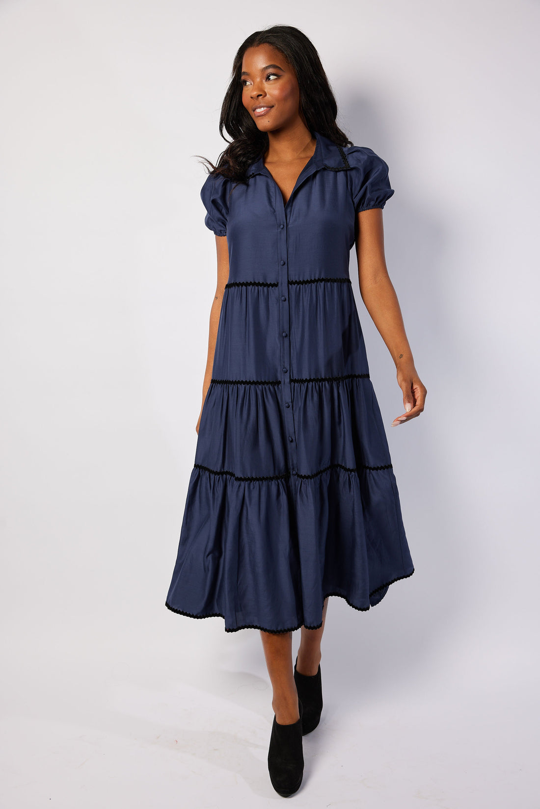 Navy Button Front Shirt Dress with Black Ric-Rac