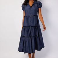 Navy Button Front Shirt Dress with Black Ric-Rac