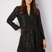 Black & Gold Lurex Long Sleeve Tunic Flare Dress