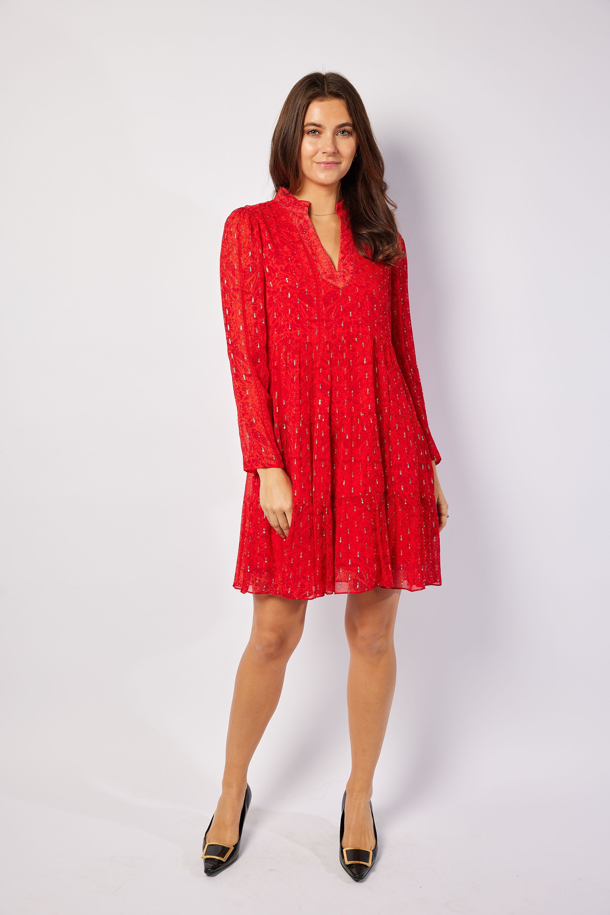 Sail to Sable Red Lurex Long Sleeve Tunic Flare Dress Red Tropical Block Print / XXL / H25303