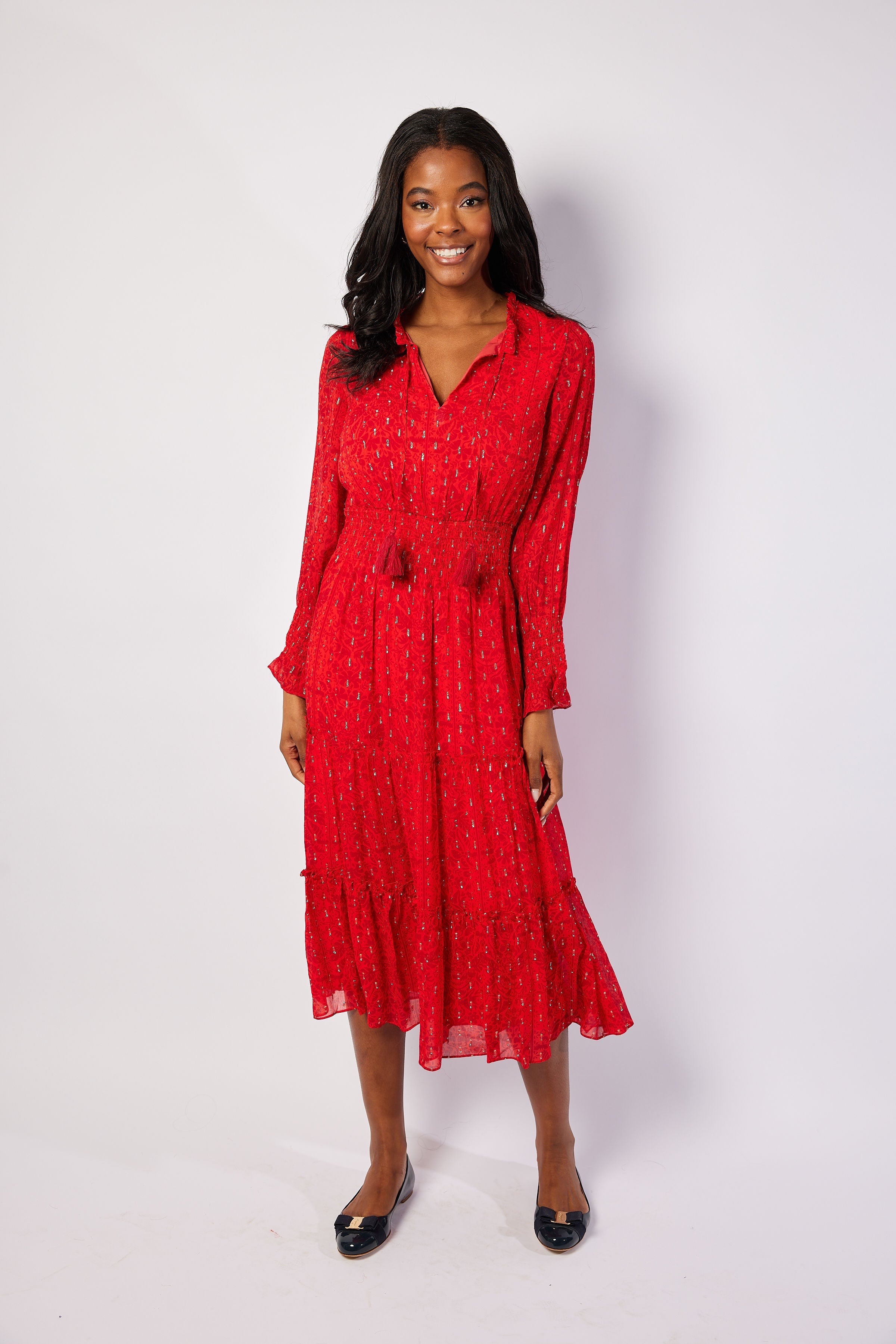 Sail to Sable Red Lurex Long Sleeve Smocked Waist Midi Dress Red TROPICAL BLOCK PRINT / L / H25372