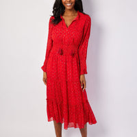 Red Lurex Long Sleeve Smocked Waist Midi Dress