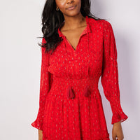 Red Lurex Long Sleeve Smocked Waist Midi Dress