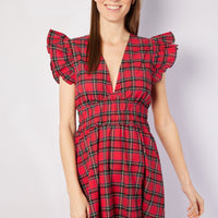 Red Plaid V-Neck Flutter Sleeve Maxi Dress