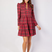 Red Plaid Long Sleeve Tunic Flare Dress