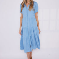 Chambray Puff Sleeve Button Front Midi