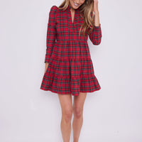 Red Plaid Long Sleeve Tunic Flare Dress