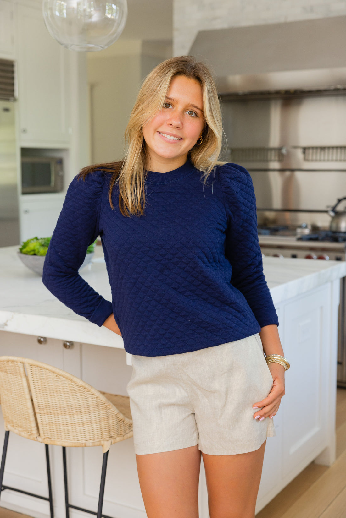 Navy Quilted Puff Sleeve Sweatshirt