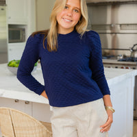 Navy Quilted Puff Sleeve Sweatshirt