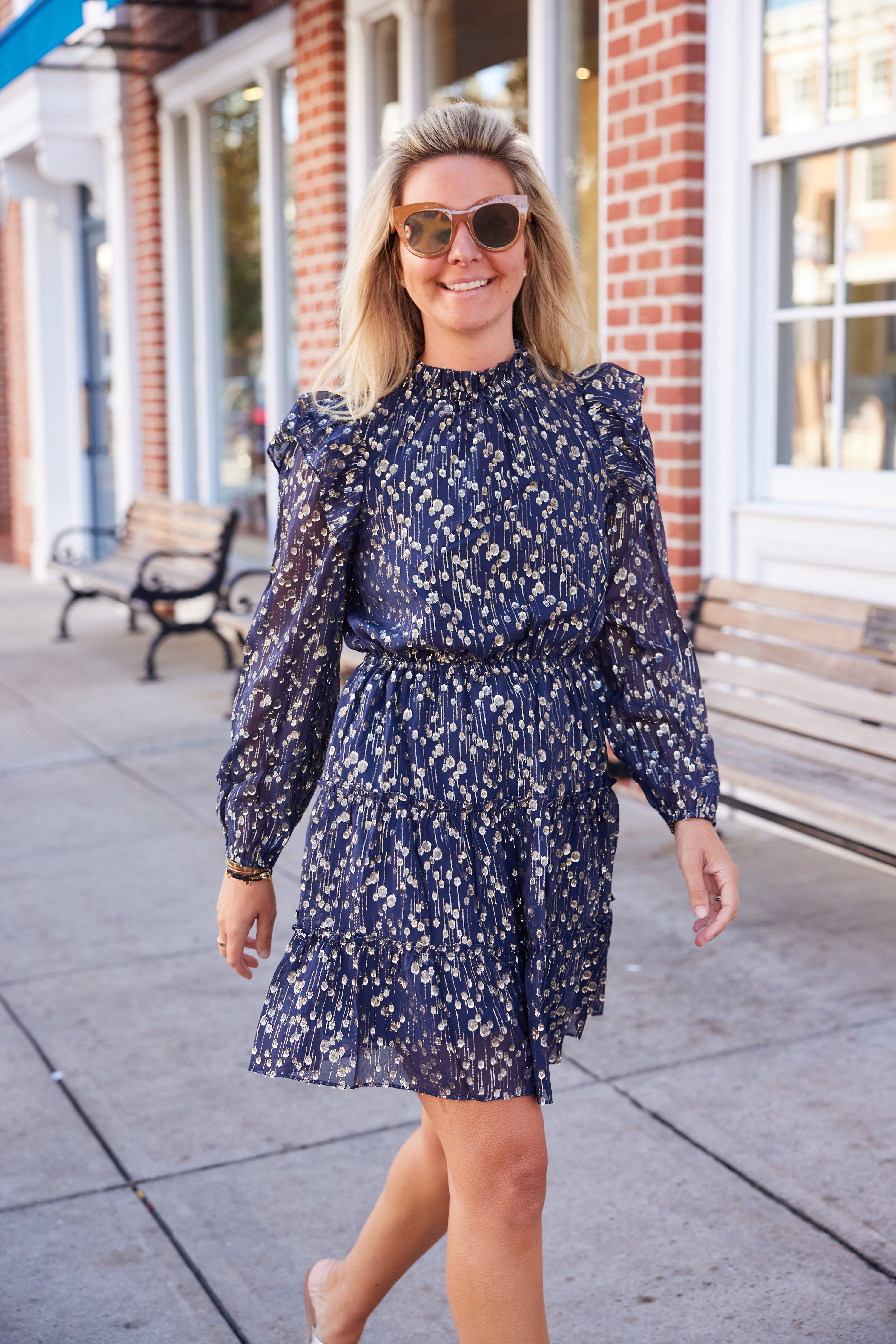 NAVY Lurex CLIP DOT Long Sleeve Ruffle Neck Dress NAVY CLIP DOT / M / H23205
