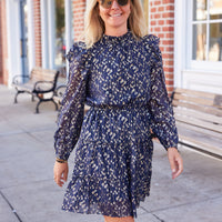 Navy Lurex Clip Dot Long Sleeve Ruffle Neck Dress