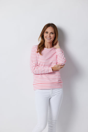 Coral & White Stripe Long Sleeve Sweatshirt