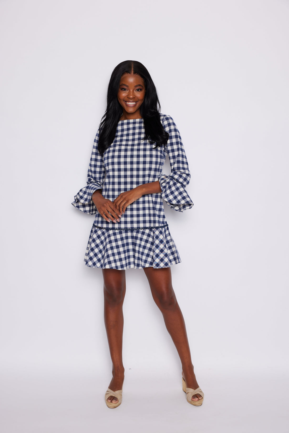 Navy Gingham Long Sleeve Ruffle Hem Dress