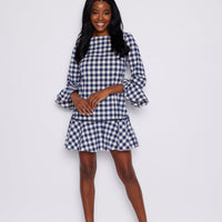 Navy Gingham Long Sleeve Ruffle Hem Dress