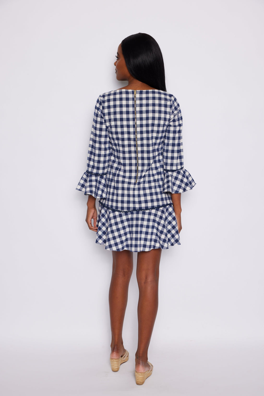 Navy Gingham Long Sleeve Ruffle Hem Dress