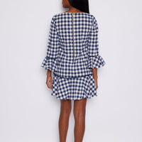 Navy Gingham Long Sleeve Ruffle Hem Dress