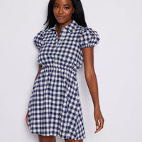 Navy Gingham Puff Sleeve Shirt Dress
