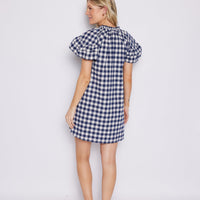 Navy Gingham Ruffle Sleeve Dress with Tassels