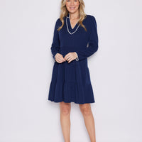 Navy Ponte Long Sleeve Tunic Flare Dress