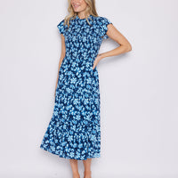 Fall Floral Smocked Bodice Midi Dress