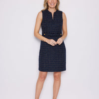 Navy Tweed Button Front Classic Shift Dress