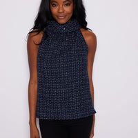 Navy Tweed Button Back Cowl Neck Top