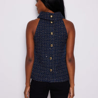 Navy Tweed Button Back Cowl Neck Top