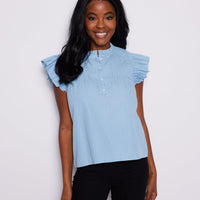 Light Chambray Pintuck Flutter Sleeve Top