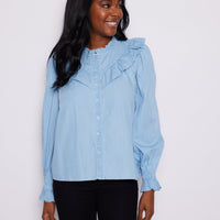 Light Chambray Long Sleeve Ruffle Bib Blouse