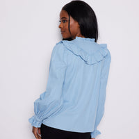 Light Chambray Long Sleeve Ruffle Bib Blouse