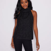 Black Sparkle Tweed Cowl Neck Top