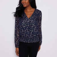 Navy Lurex Clip Dot V-Neck Smocked Waist Top