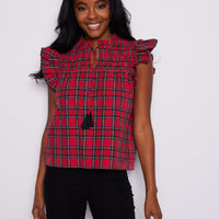 Red Tartan Flutter Sleeve Top with Tassels