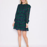 Blackwatch Lurex Clip Dot Long Sleeve Ruffle Neck Dress