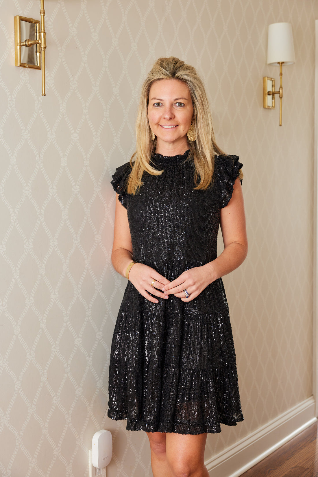 Black Sequin Ruffle Neck Dress