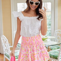 Pink Ikat Print Smocked Waist Mini Skirt