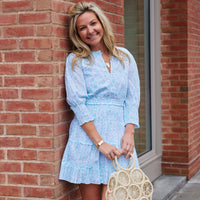 Flowering Vine Print Smocked Waist Puff Sleeve Dress