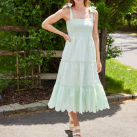 Green Bow Shoulder Smocked Midi Dress