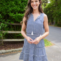 Navy & White Striped Sleeveless Ruched Waist Dress