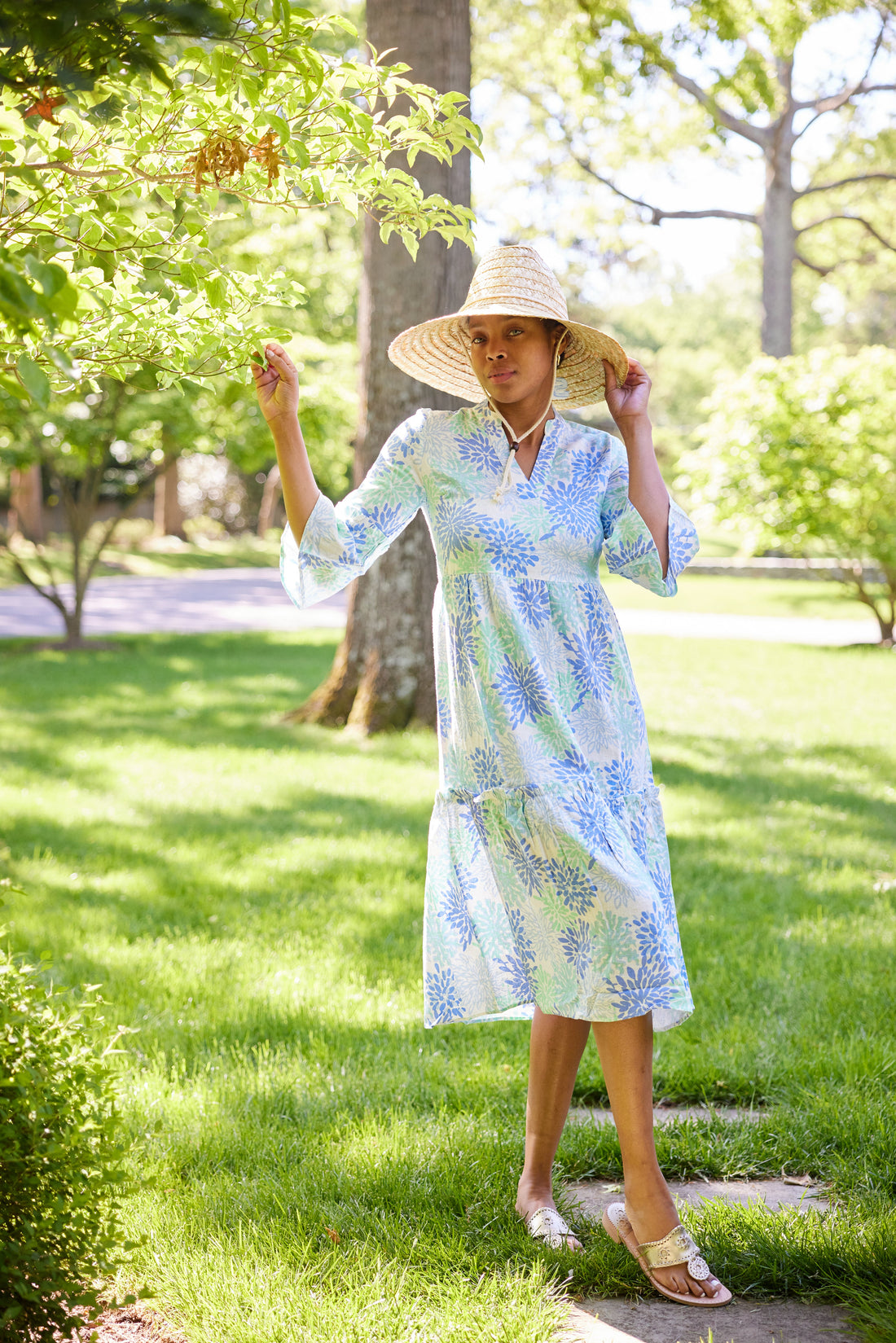 Coral Print Bell Sleeve V-Neck Dress