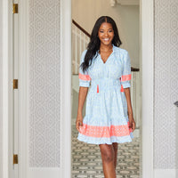 Beach Splash Print Puff Sleeve Dress with Tassels