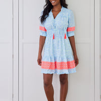 Beach Splash Print Puff Sleeve Dress with Tassels