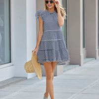 Navy & White Stripe Ruffle Neck Dress
