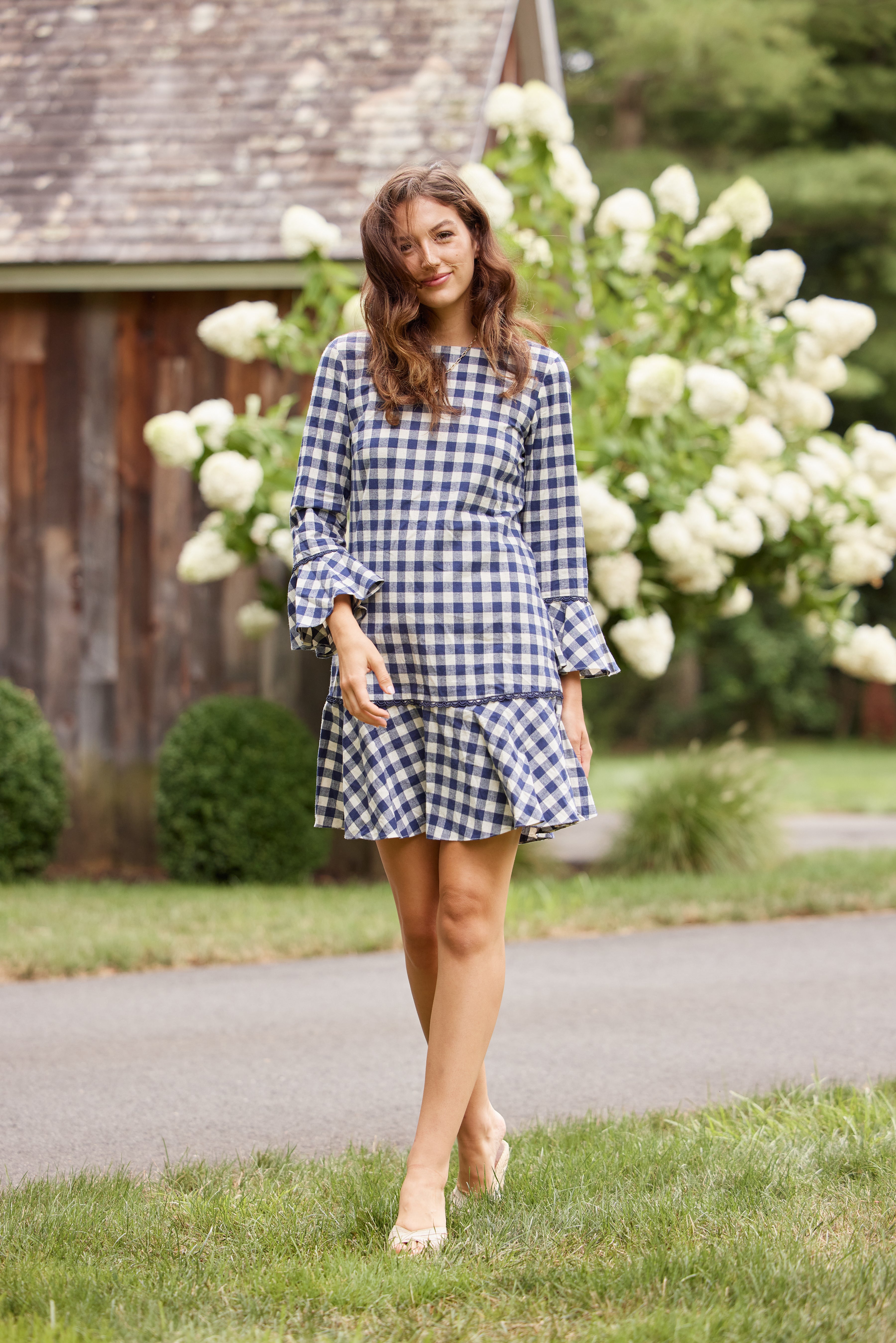 Navy Gingham Long Sleeve Ruffle Hem Dress