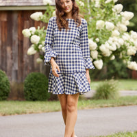 Navy Gingham Long Sleeve Ruffle Hem Dress